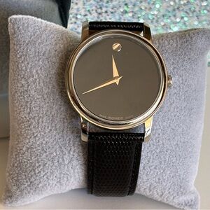 Movado Museum Classic Unisex Black Leather Silver Watch 40mm